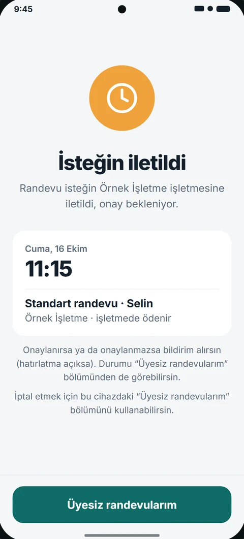Randevu isteği iletildi ekranı